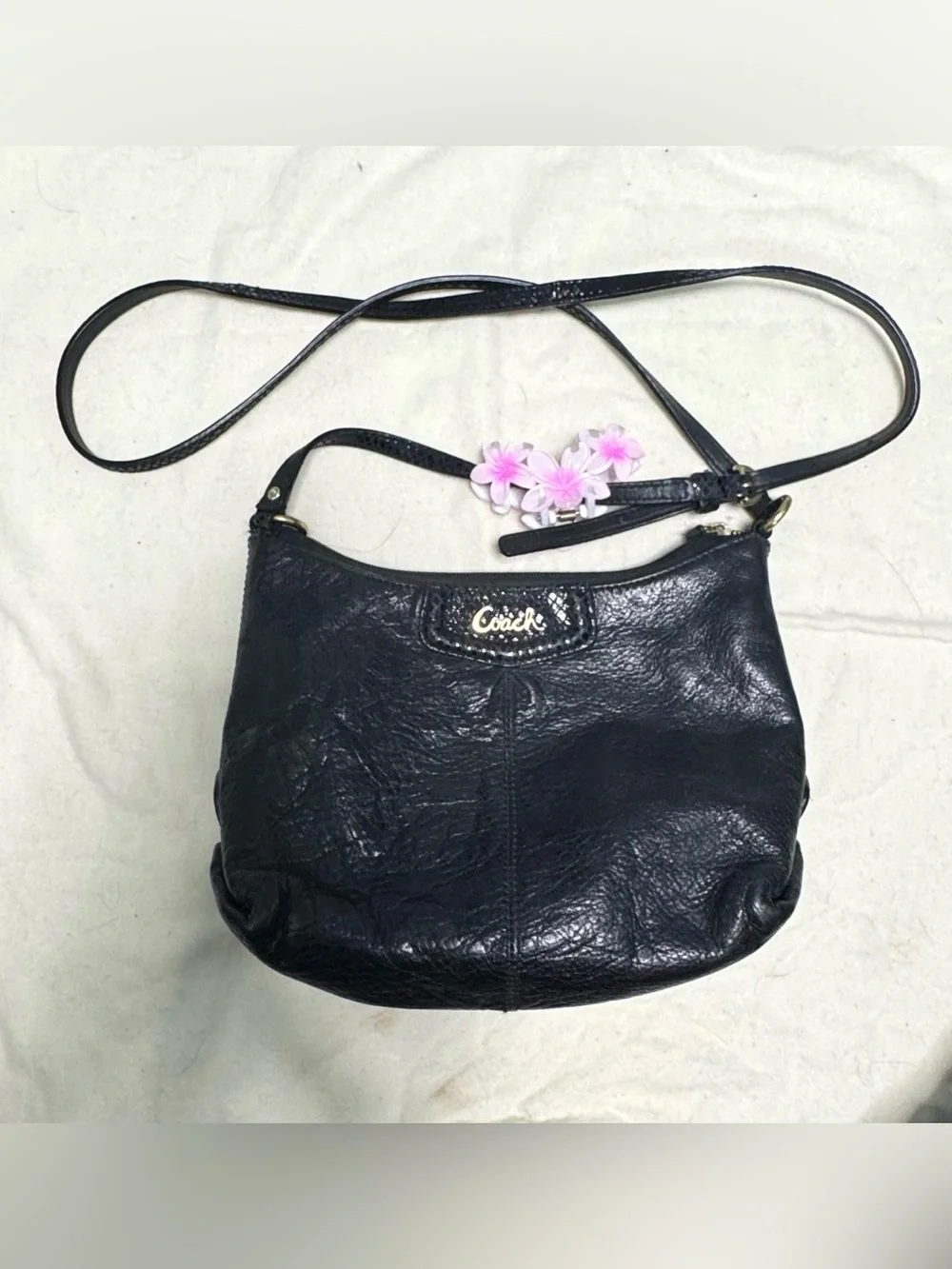 Coach Ashley Black Leather Crossbody Bag Snakeskin Embossed Accent Gold Hardware